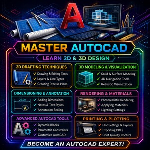 Puede incluir: Una infograf&iacute;a digital titulada MASTER AUTOCAD, LEARN 2D & 3D DESIGN y BECOME AN AUTOCAD EXPERT. Incluye secciones sobre dibujo 2D, modelado 3D, acotaci&oacute;n, renderizado, herramientas avanzadas e impresi&oacute;n con iconos y marcas de verificaci&oacute;n.
