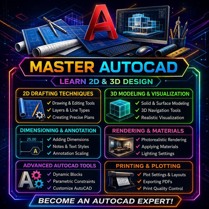 Puede incluir: Una infograf&iacute;a digital titulada MASTER AUTOCAD, LEARN 2D & 3D DESIGN y BECOME AN AUTOCAD EXPERT. Incluye secciones sobre dibujo 2D, modelado 3D, acotaci&oacute;n, renderizado, herramientas avanzadas e impresi&oacute;n con iconos y marcas de verificaci&oacute;n.