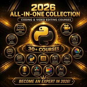 Paket med professionella färdigheter 2026 | Python-kodning, AI-inlärning, webbutveckling och redigeringskurser