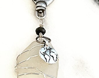 Sea Glass Bag/Purse Charm With Silver World Map Charm, Unisex Traveler Gift, LuckySeaGlassJewelry