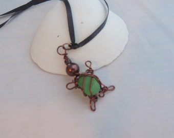Sea Turtle Pendant, Hawaii Genuine Seaglass, Survivor Necklace, Copper Wirewrapped Turtle, Unisex Beachglass Turtle, Luckyseaglassjewelry