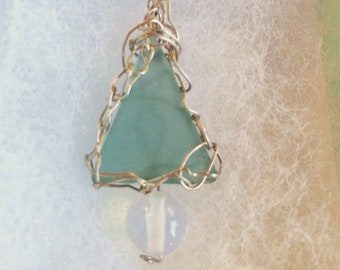 Holiday Sea Glass Jewelry, Opalite Pendant Seaglass Tree, Silver Crocheted Seaglass, Aqua Sea Glass, Spain Seaglass, Gift For Woman