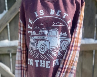 Life Is Better on the Farm Upcycled Crewneck | Flannel Sleeve & Collar Mash | One of a Kind