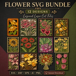 Puede incluir: Una colección de 12 diseños florales cortados con láser en capas. Cada diseño presenta una flor diferente, como girasoles, rosas y tulipanes, en un marco rectangular. La paleta de colores incluye tonos de rojo, amarillo, verde y marrón. El texto "FLOWER SVG BUNDLE" está en la parte superior.