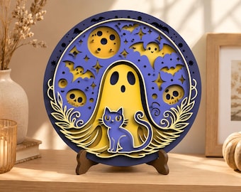 Halloween Ghost Cat Shadow Box SVG | Spooky Multilayer Cut File