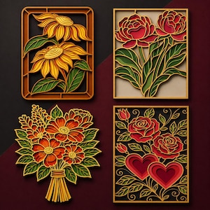Könnte beinhalten: Vier gerahmte florale Kunstwerke. Eines zeigt Sonnenblumen, ein anderes rote Pfingstrosen, ein drittes einen Blumenstrauß und das letzte rote Rosen mit Herzen. Jedes Stück hat ein mehrschichtiges Design mit goldenen und grünen Akzenten auf dunklem Hintergrund.