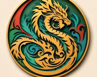 Dragon 3D SVG. Fichier de découpe laser. Construction par couches. Découpe dans du contreplaqué. CNC. Mandala en contreplaqué.