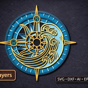 Boussole nautique et vagues SVG. Fichier découpé au laser. Construction en couches. Découpe de contreplaqué. Commande numérique par ordinateur. Contreplaqué mandala