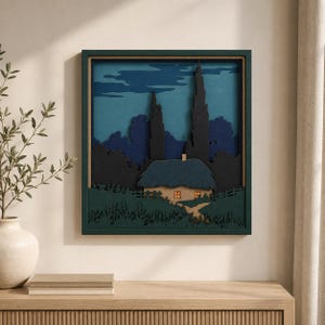 Stuga SVG, Layered Landscape Laser Cut-fil, Nattstuga-väggkonst, 3D-skugglåda i trä, Glowforge Cricut DXF EPS PnG