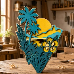 May include: A layered wooden art piece depicting a tropical scene. The artwork features a yellow sun, blue palm trees, and a yellow hibiscus flower. The piece is set against a backdrop of blue and yellow mountains and a blue ocean. The artwork is placed on a wooden table.