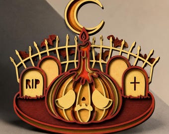 Archivo SVG/de corte multicapa para caja de sombras de cementerio con velas de calabaza de Halloween