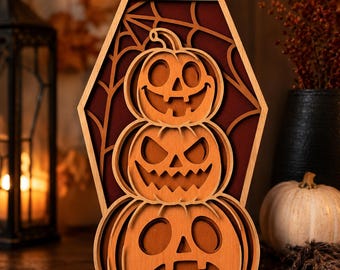 Stacked Pumpkins in Coffin SVG, Halloween Laser Cut File