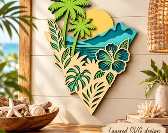 May include: A multi-layered wooden wall art piece featuring a tropical landscape with two bright green palm trees, a yellow sun, blue mountains, and a large hibiscus flower. The design includes various leaf silhouettes in a light tan finish.