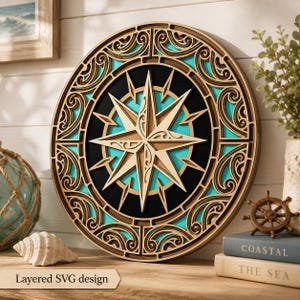 May include: A circular wall art piece featuring a multi-layered wooden compass rose design. The artwork displays intricate scrollwork, a central star, and contrasting layers of natural wood, black, and bright turquoise colors.