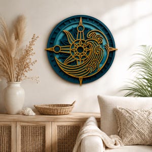 Nautical Compass & Waves SVG. Laser cut file. Layer construction. Plywood cutting. CNC. Mandala plywood