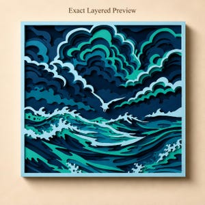 Ocean Waves Layered SVG, 5 Layer Sea Laser Cut File, Coastal Storm Wall Art, Seagull Wave Shadow Box, SVG DxF AI EpS PnG Digital Download