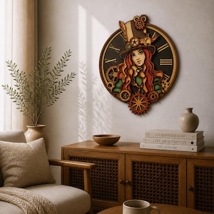 May include: A round, wooden wall clock with a steampunk design. The clock features a woman with red hair wearing a hat, surrounded by gears. The clock face is black with Roman numerals. The clock is mounted on a light-colored wall.