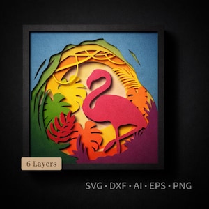 Pode incluir: Uma obra de arte em papel em camadas com um flamingo rosa em um cenário tropical. A obra de arte inclui camadas coloridas de folhagem verde, amarela, laranja e roxa, em um fundo azul. A moldura é preta e o texto "6 Layers" é visível.