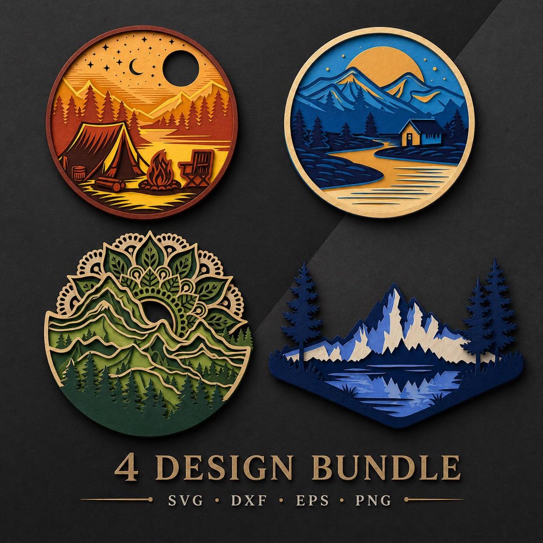 Mountain SVG Bundle, 4 Layered Landscape Laser Cut Files, Camping Lake ...