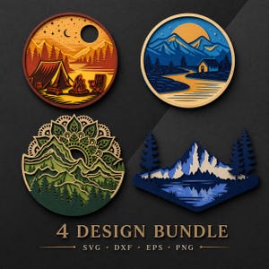 Könnte beinhalten: Vier runde und rautenförmige Holzdesigns mit Berg- und Campingmotiven. Die Designs zeigen ein Zelt, ein Lagerfeuer, Berge, Bäume und ein Haus. Der Text "4 DESIGN BUNDLE" befindet sich unten, mit Dateityp-Abkürzungen.