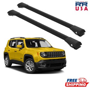 May include: A yellow Jeep Renegade SUV with black roof rack crossbars. The vehicle has black accents, silver wheels, and a black front grill. The image includes the text "FREE SHIPPING" and the logo "ROOF RACK USA".