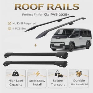 Op de afbeelding: Zwarte dakrails voor een Kia PV5 2025+ worden getoond met een wit en zwarte bestelwagen. De afbeelding benadrukt functies zoals hoge laadcapaciteit, eenvoudige installatie, veilig transport en duurzame aluminium constructie. De tekst zegt "Geen boren vereist" en "4-delige set".