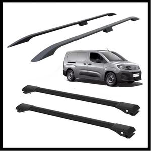 May include: A silver van with black roof rails. Two sets of black roof rails are displayed, one set above the van and another set below. The van is parked on a white background.