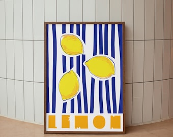 Yellow and blue lemon trendy wall art, Kitchen Print, Dining Room Print