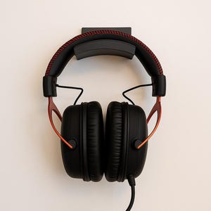 May include: Black over-ear headphones with a red stitched headband and red accents. The headphones have a built-in microphone and are mounted on a black wall mount. The earcups are large and padded.