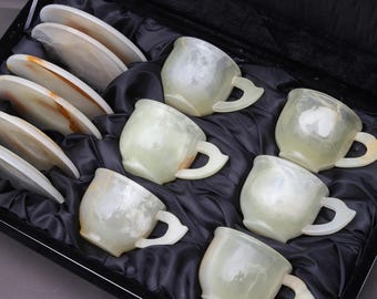 Elegant Marble White Onyx Coffee Cup with Saucer Set of 6-Handmade Natural White Onyx Marble Mug Set-Marble Cups and Saucers.