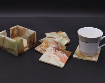 Set di 6 sottobicchieri quadrati in marmo multicolore verde, sottobicchieri in pietra fatti a mano, eleganti decorazioni per la tavola, sottobicchieri per caffè e tè, regalo per l'inaugurazione della casa.