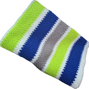 May include: A crocheted baby blanket with stripes of green, white, blue, and gray.