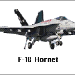 May include: A gray and white F-18 Hornet fighter jet with black wings, landing gear down, and the text "F-18 Hornet" below the aircraft.