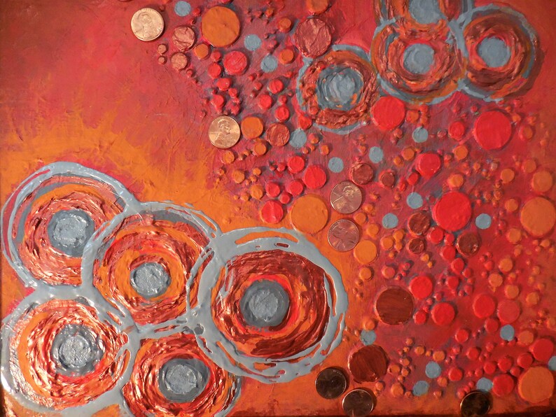 Lucky Penny Gift New Home Wedding Art Copper Wall Decor Original Mid Century Modern Painting
