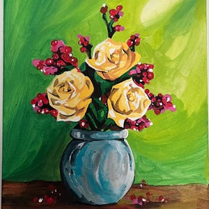 Hand Painted Roses in Vase - Acrylic Art on Canvas - Floral Still Life