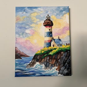 Lighthouse by The Sea - Acrylic painting, wall decor, Hand-painted Landscape