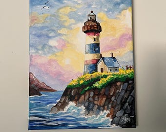 Lighthouse by The Sea - Acrylic painting, wall decor, Hand-painted Landscape