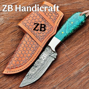 Handgefertigtes Damastmesser, Cowboy- und Skinnermesser aus Kohlenstoffstahl, benutzerdefinierte Lederscheide, Personalisierung, bester Vater und Mutter.