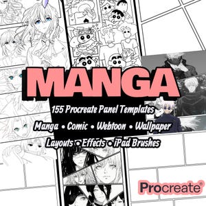 May include: An advertisement for digital art resources. The image displays the word "MANGA" in pink, promoting 155 Procreate panel templates. It includes options for manga, comics, webtoons, and wallpapers, plus layouts, effects, and iPad brushes.