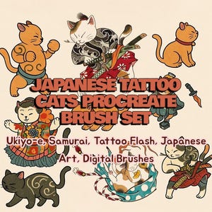 Könnte beinhalten: Illustration eines "Japanese Tattoo Cats Procreate Brush Set" mit Cartoon-Katzen im japanischen Kunststil. Einige Katzen sind in Samurai-Kleidung dargestellt. Der Text "Ukiyo-e, Samurai, Tattoo Flash, Japanese Art, Digital Brushes" ist ebenfalls vorhanden.