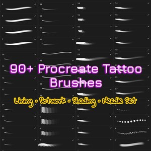 Plus de 90 pinceaux de tatouage Procreate - Ensemble professionnel de pinceaux pour contour, contours, pointillés, points, ombrage de fouet et pinceaux aiguilles pour iPad, conception flash de tatouage