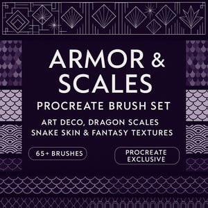 Puede incluir: Un gráfico morado oscuro con el texto "ARMOR & SCALES" y "PROCREATE BRUSH SET". El diseño incluye Art Deco, escamas de dragón, piel de serpiente y texturas de fantasía. También dice "65+ BRUSHES" y "PROCREATE EXCLUSIVE".