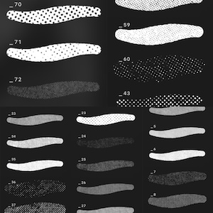 May include: A collection of abstract, elongated shapes with various dot patterns and textures. The shapes are in shades of gray and white against a black background. Each shape is labeled with a number.