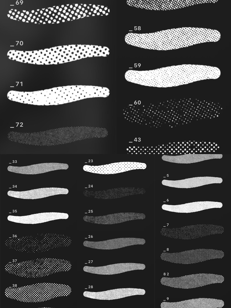 May include: A collection of abstract, elongated shapes with various dot patterns and textures. The shapes are in shades of gray and white against a black background. Each shape is labeled with a number.