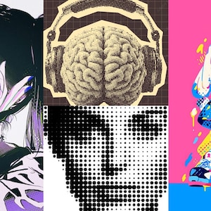 May include: A triptych of digital art pieces. The left panel features a smiling figure with blue accents. The center panel shows a brain with headphones. The right panel depicts a cartoon character on a pink background.