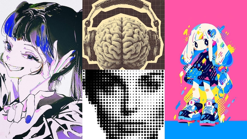 May include: A triptych of digital art pieces. The left panel features a smiling figure with blue accents. The center panel shows a brain with headphones. The right panel depicts a cartoon character on a pink background.