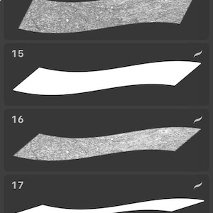 May include: A collection of twenty stylized brushstroke graphics, each with a curved, elongated shape. The strokes vary in texture, from solid white to textured gray, against a dark gray background.