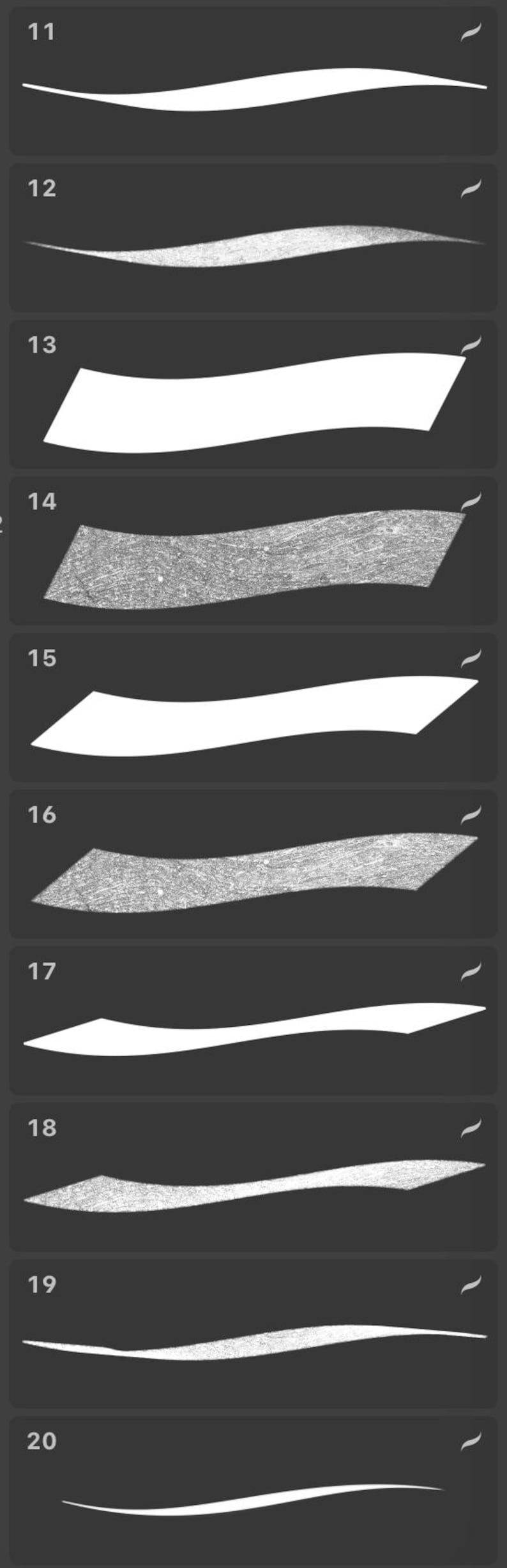 May include: A collection of twenty stylized brushstroke graphics, each with a curved, elongated shape. The strokes vary in texture, from solid white to textured gray, against a dark gray background.