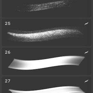 May include: A series of digital art brush strokes, each with a unique texture and opacity. The strokes vary in shape, from flat ribbons to textured, granular effects. The color palette is primarily grayscale, with a dark background.