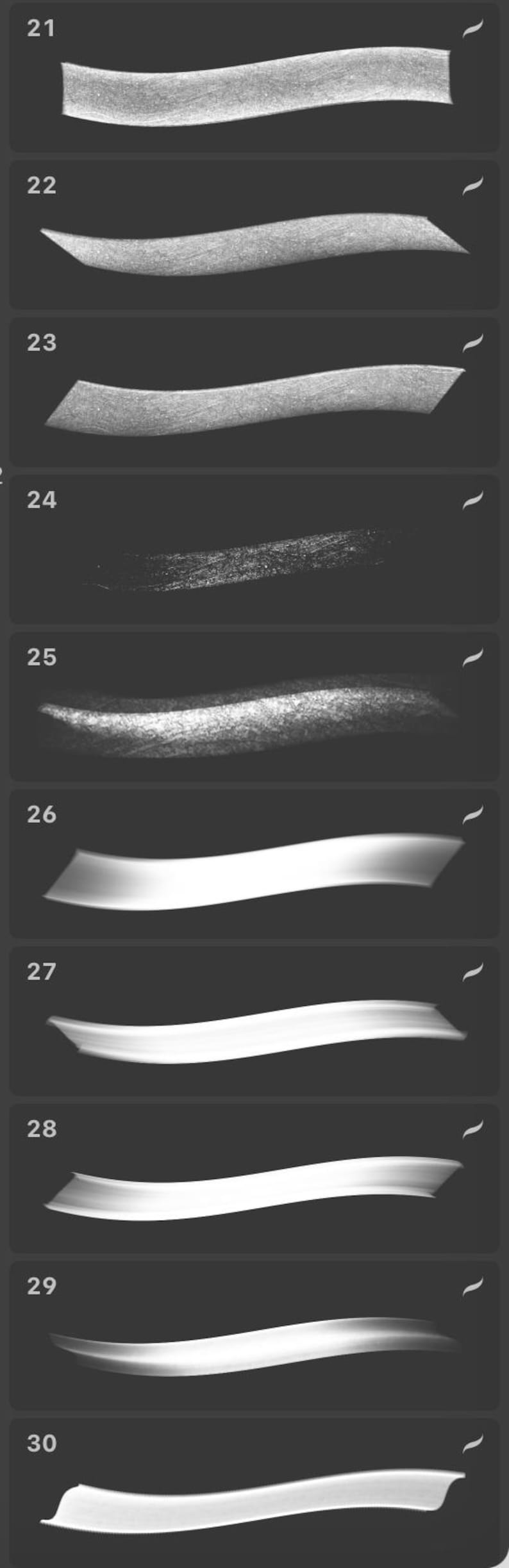 May include: A series of digital art brush strokes, each with a unique texture and opacity. The strokes vary in shape, from flat ribbons to textured, granular effects. The color palette is primarily grayscale, with a dark background.